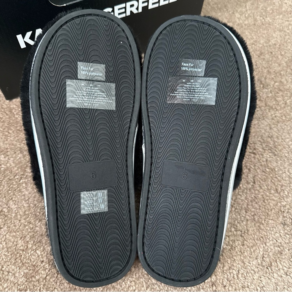 NEW Karl Lagerfeld Black Plush Slippers Faux Fur - Picture 5 of 8